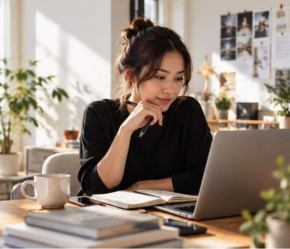 Creator and business owner reviewing digital work at a laptop in a bright professional studio
