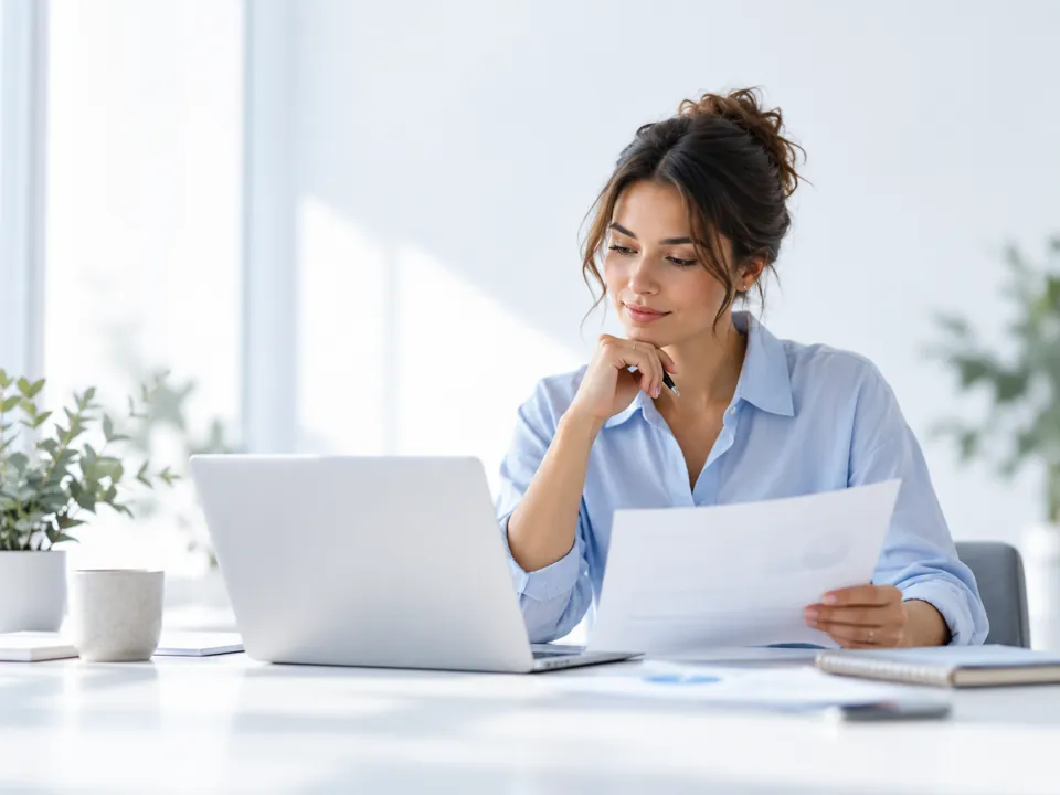Business owner reviewing documents and a laptop in a bright professional workspace