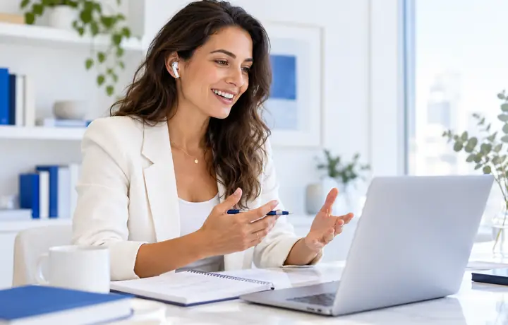 Coach consulting a client remotely from a bright home workspace