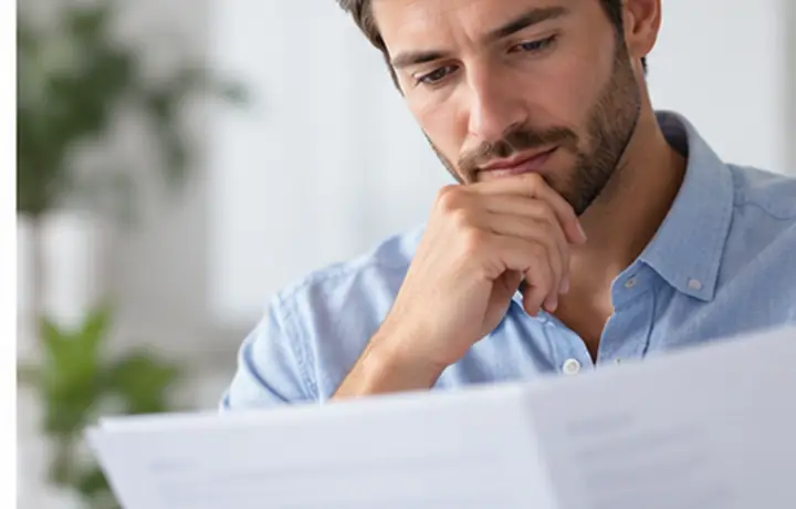 Professional thoughtfully reviewing a business report