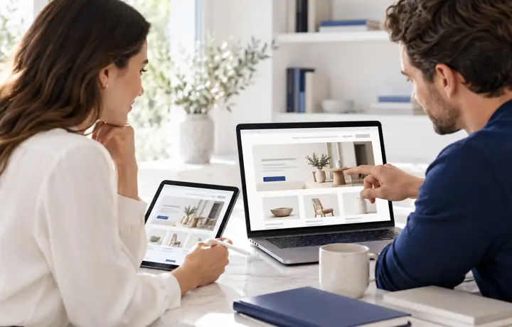 Two professionals reviewing a digital storefront design