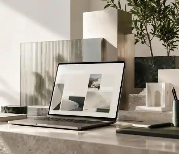 Refined architectural desk and computer composition with natural light