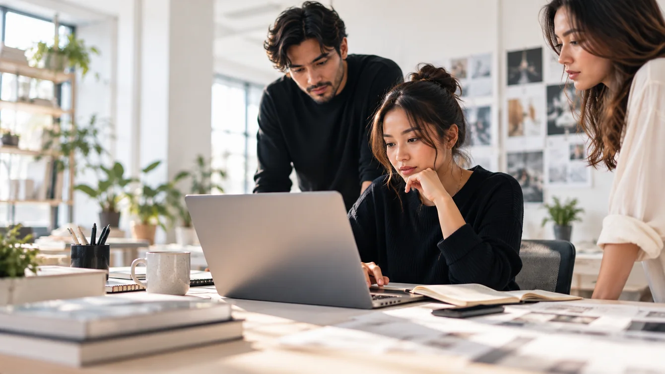 Creator-led team discussing a digital membership business together at a studio desk
